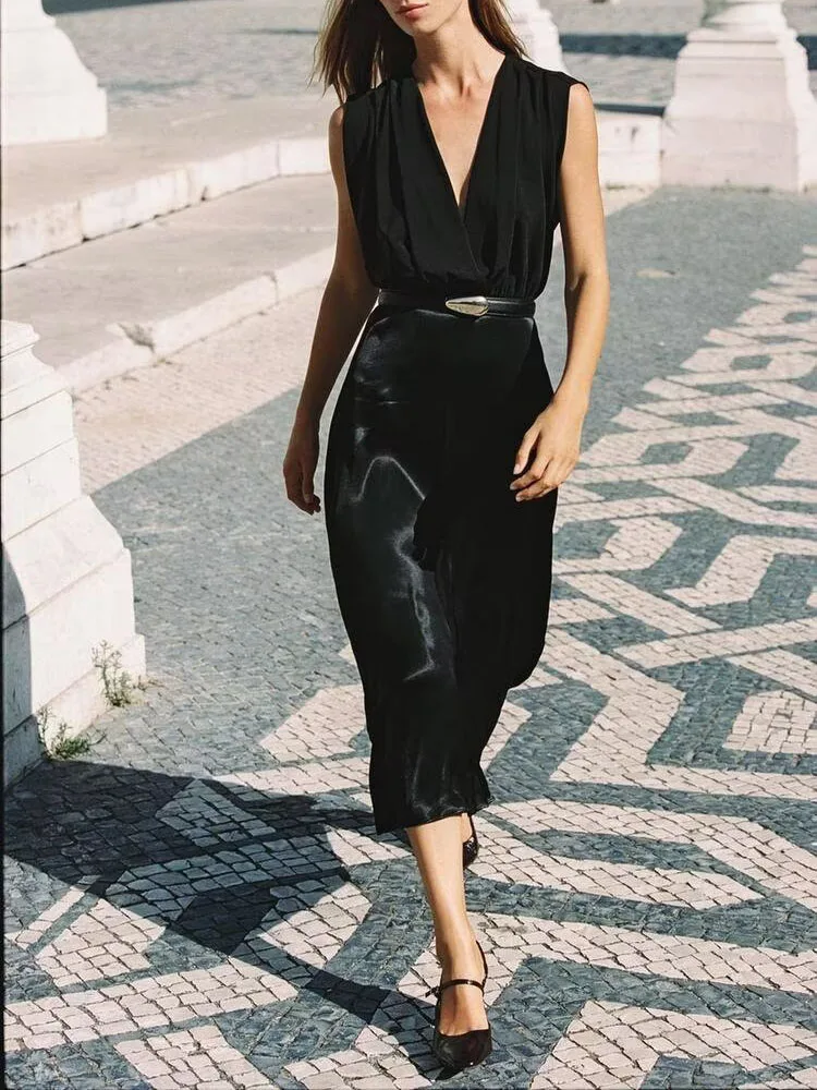 

Sweet Ele Midi Dr with Belt New Autumn Faion Women's Clothing Deep V Ne Svel Midi Length Pure Color Ball Gown