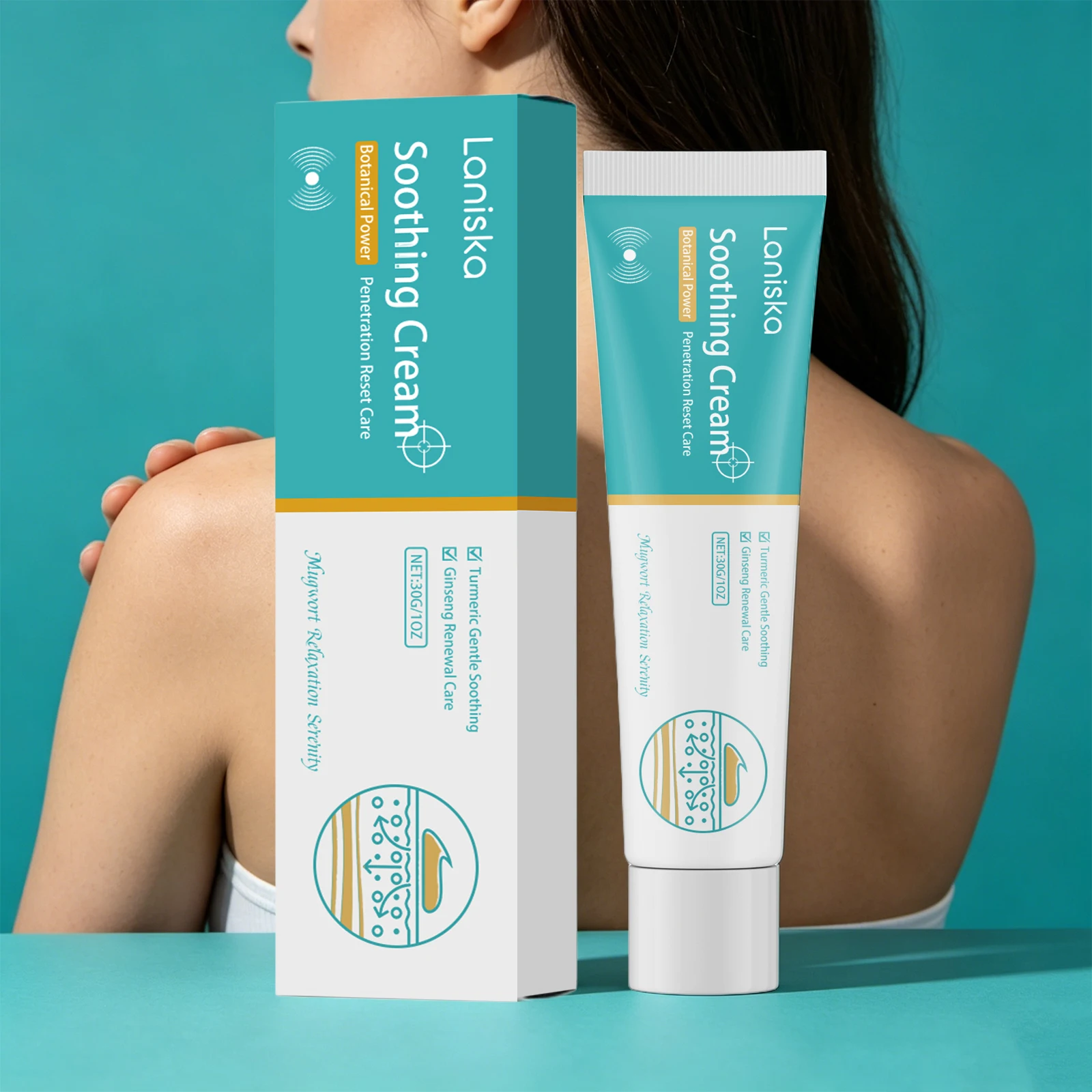Soothing Cream 30g, Soothes Stiff Neck and Tired Shoulders Turmeric & Ginseng Mugwort Calming Cream Repair Massage Moisturizer