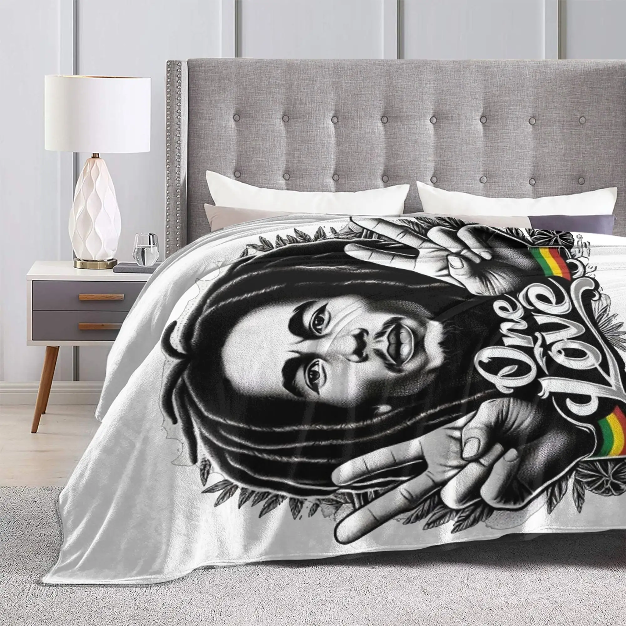 ผ้าห่มฟลานเนลลายดนตรี BOB MARLEY ONE LOVE ผ้าห่มสำหรับเครื่องนอน ผ้าห่มนุ่มสำหรับใช้กลางแจ้ง