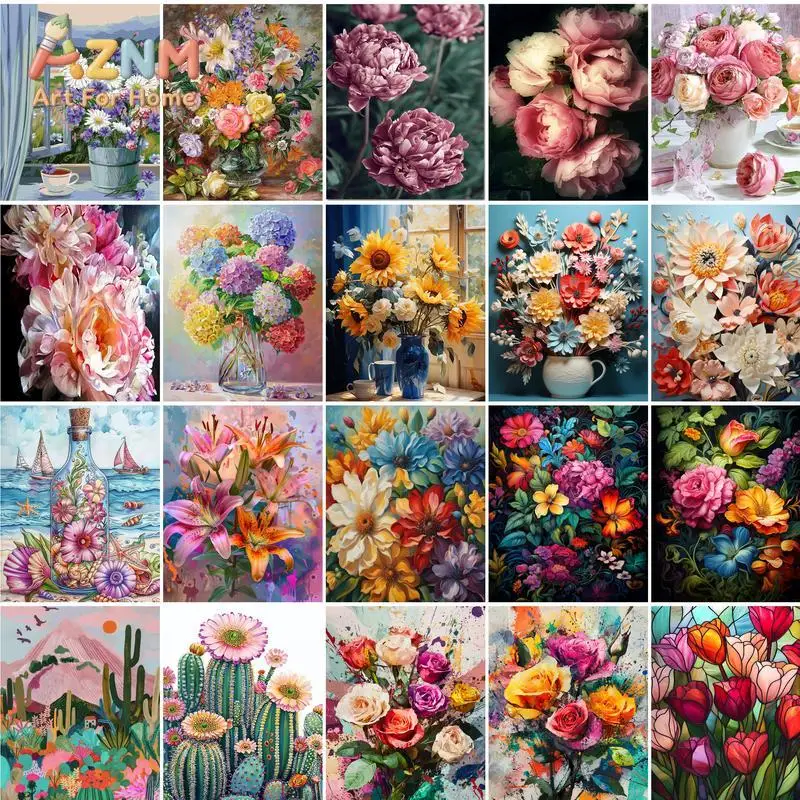 AZNM Vibrant Floral Canvas Wall Art, Peony Sunflower Rose Cactus Colorful Flower Oil Painting Print, Living Room Bedroom Home De