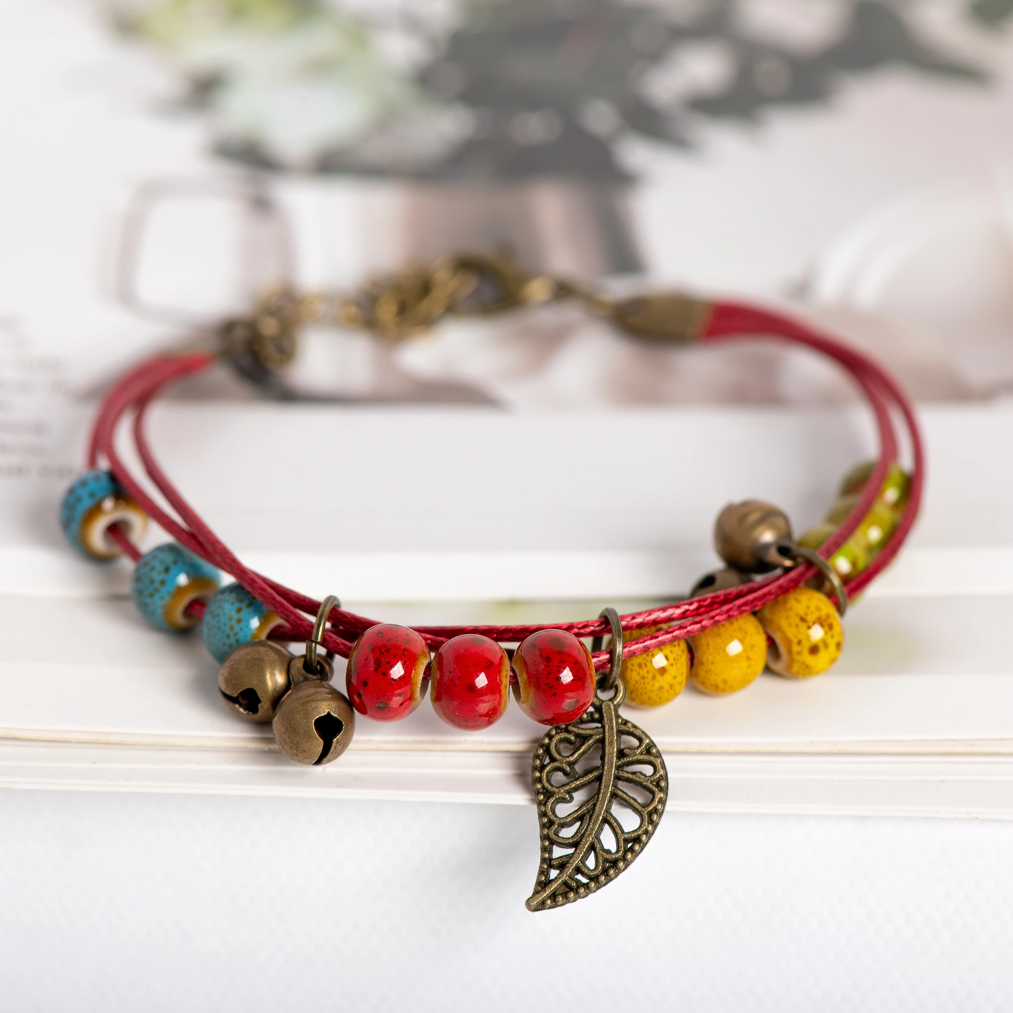 Handmade Vintage Ceramic Bead Bracelet with Leaf Pendant Adjustable 16+5cm