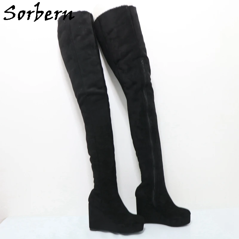 Sorbern 97cm Long Brown Crotch Thigh High Boots Unisex Thick Fake Fur Wedges High Heel Platform Shoes Fetish Unisex