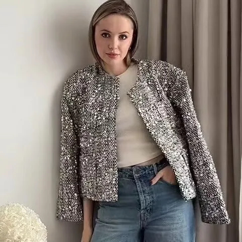 Veste à col rond à paillettes argentées pour femmes, bouton couvert, manches longues, poches, cardigan, manteau élégant, blazer décontracté, vêtements d'extérieur, mode, automne