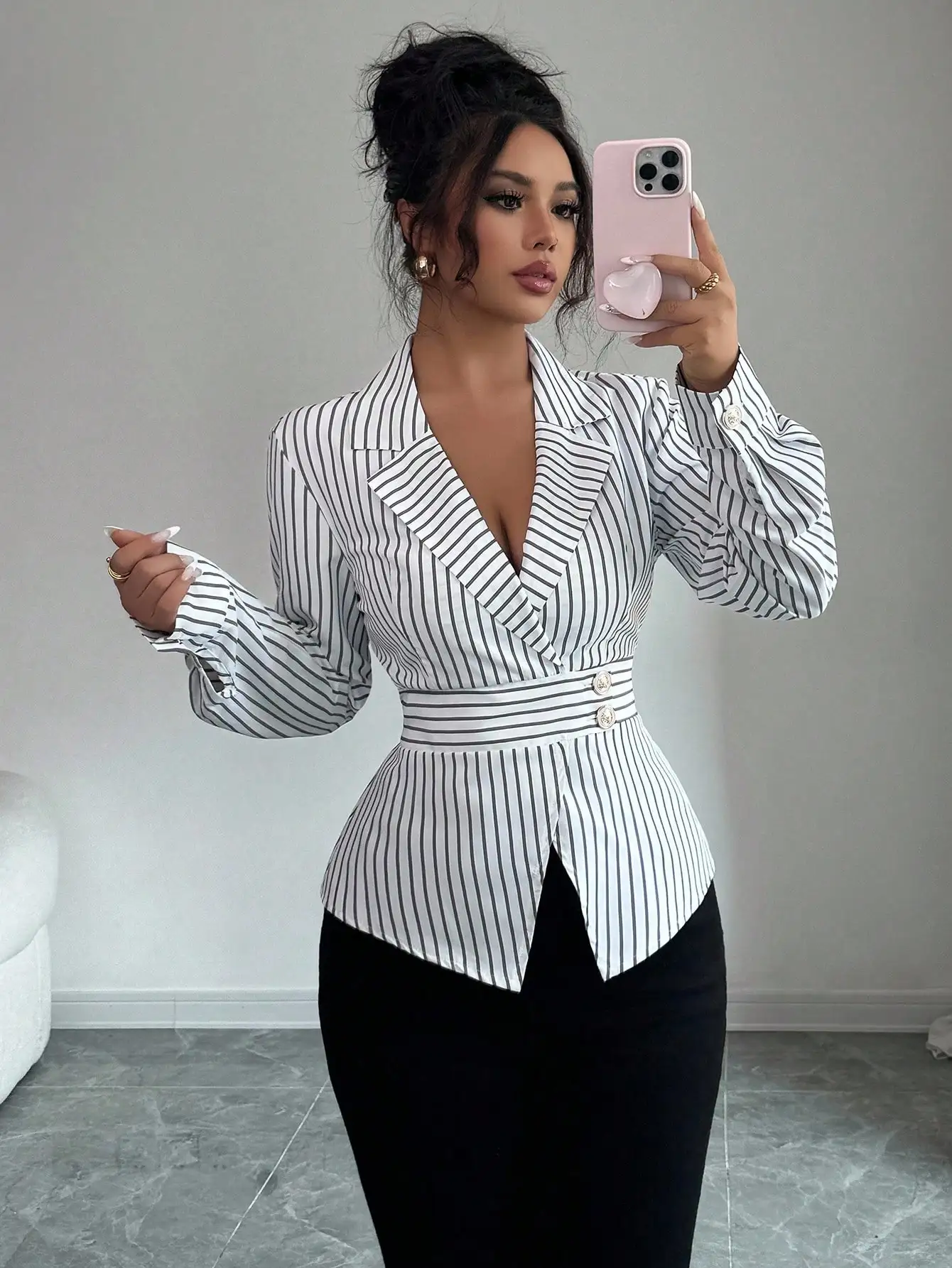 

Women Long Sleeve Asymmetrical Collar Cross-Over Striped Blazer