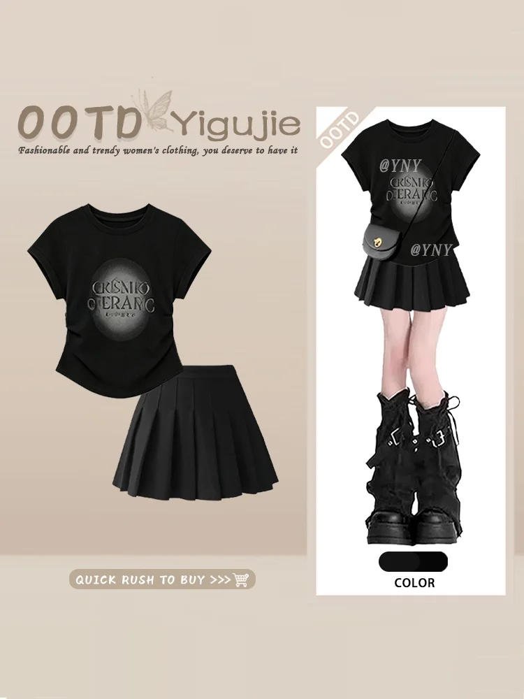 

Black American Retro Letter round Neck Summer Short Sleeve Women's Top Skirt Set Pleated Skirt Two Piece Set Female