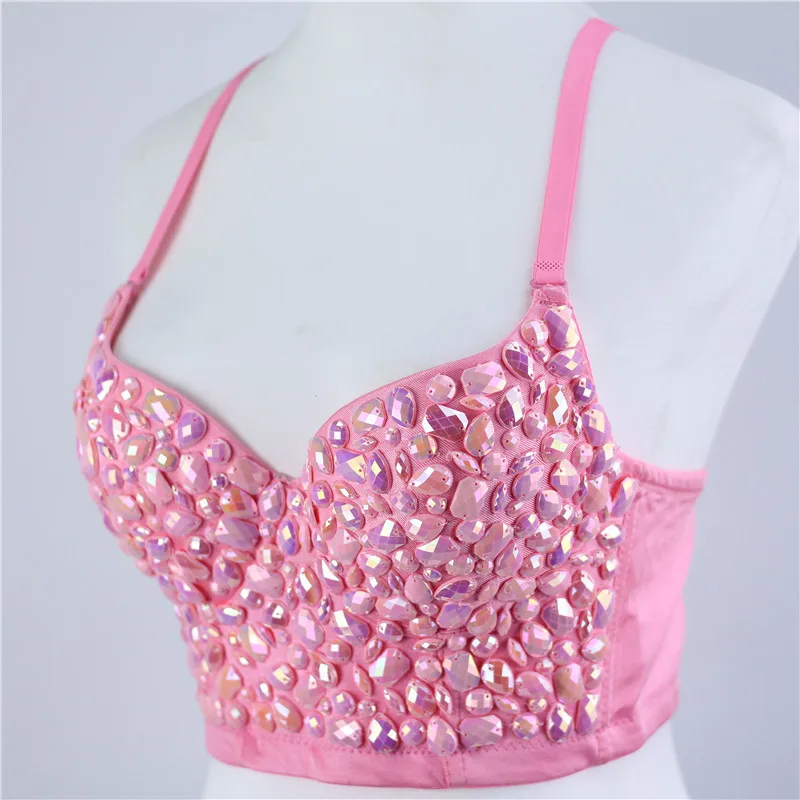 

Fashion Nightclub Sexy Disco Women's Clothing Pink Beading Bra Shoulder Straps Vest Tube Top Outer Wear in Stock