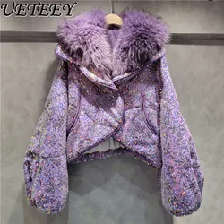 Heavy Industry Fashion Sequins Thicken Warm Padded Jacket Loose Bat Sleeves Fur Collar Cotton Coat Winter Women Clothes Casacos