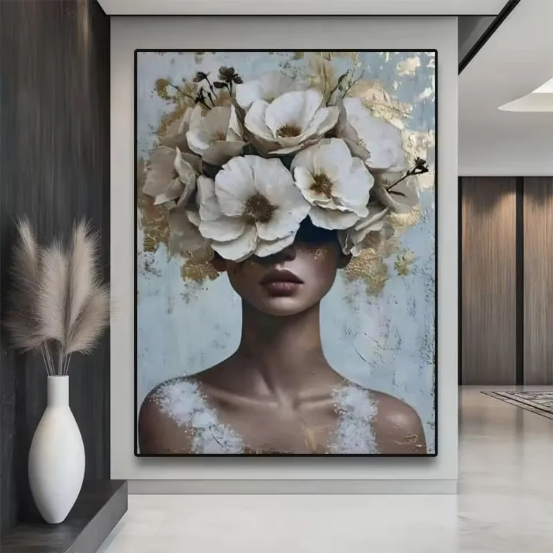 

Flowers Head Art Female Portrait Canvas Painting Modern Wall Art Woman Portrait Posters and Prints Living Room Home Decor