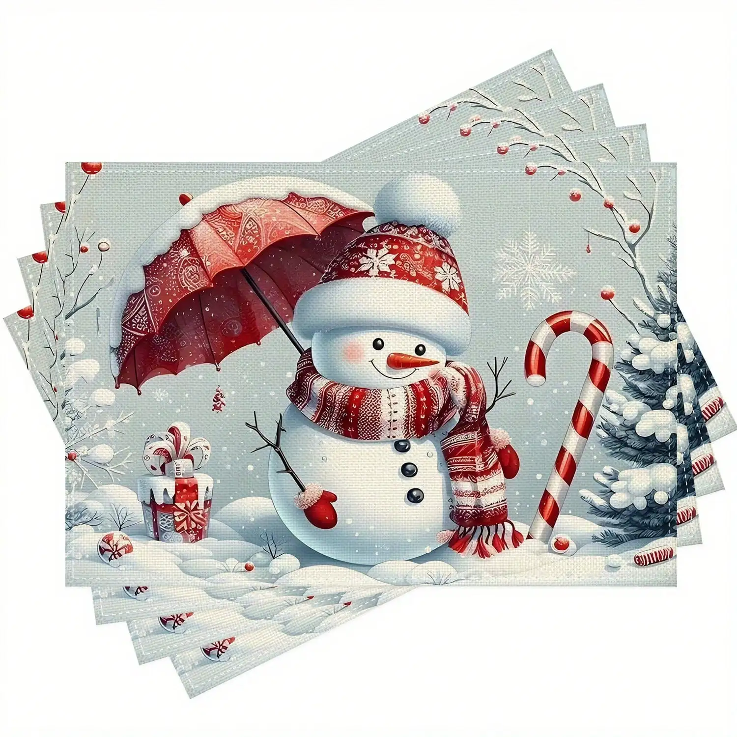 6pcs Winter Snowman, Snowflake & Pine Placemats Suitable For Christmas - Polka Dot Table Mats With Umbrella, Hand Washable, Rectangular For Kitchen Dining Table Decor, Holiday Party