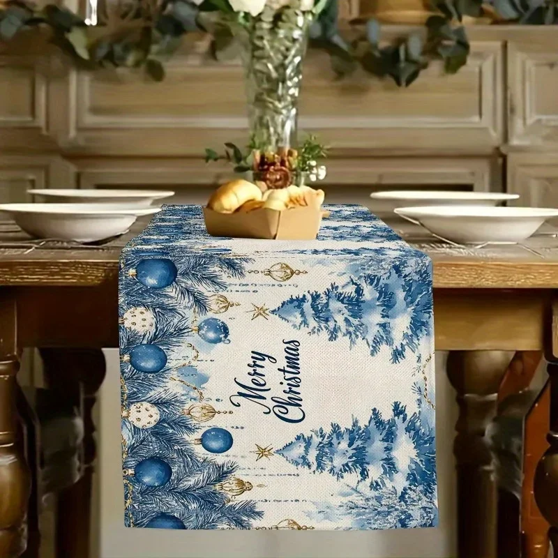 Bohemian style elegant beige and gold Christmas table runner with cedar cones, holly berries and mini tree for Christmas party d