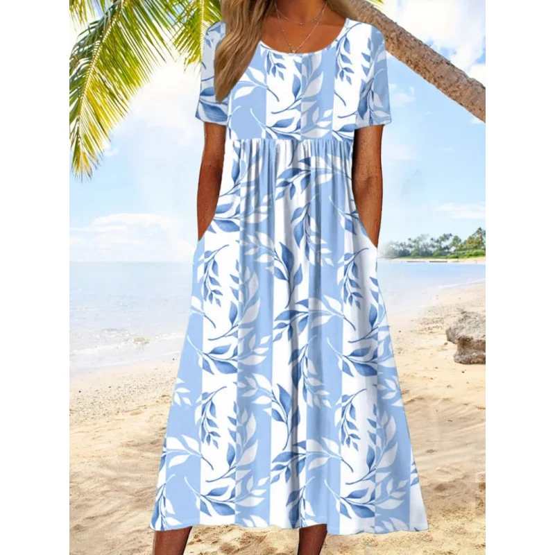 Nieuwe vintage damesjurken gestreept bedrukt elegant casual jurken met korte mouwen zomermode kokospalmprint