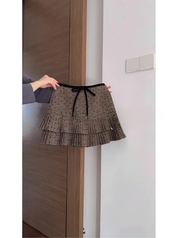 

plus Size Polka Dot Woolen Skirt Women's Autumn Winter New Sle Pear aped A-Line ort Skirt Knot Pleated Skirt