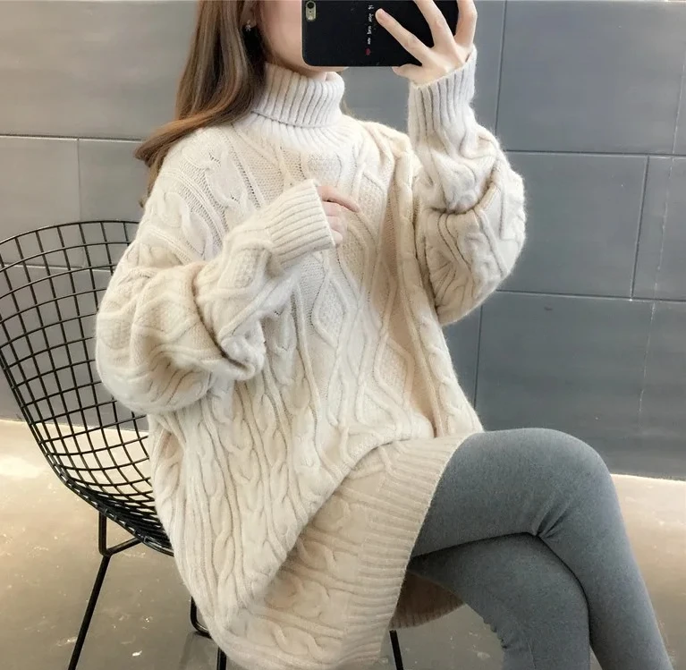

Turtleneck Loose Lazy Wind Long Sweater Women Long Sleeve Striped Jacquard Straight Knitted