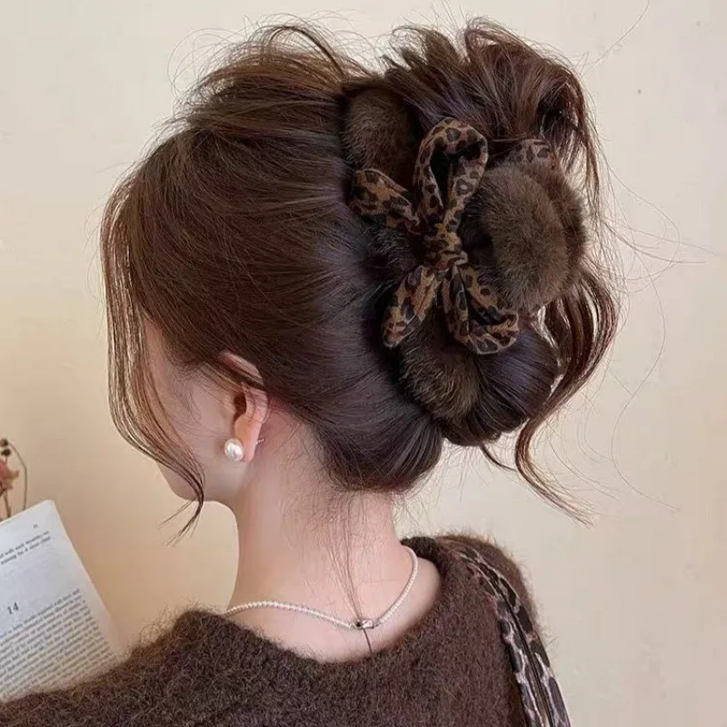 1 قطعة الراقية ليوبارد طباعة القوس مشبك شعر ، فو فرو المنك أنيق القرش كليب لظهر الرأس Updos إكسسوارات الشعر #4