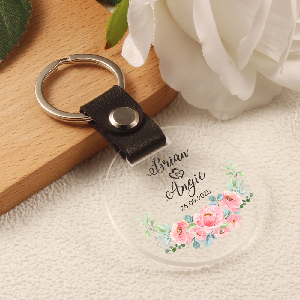 1pcs/10pcs Personalized Wedding Printing Name and Date Keychain PU And Acrylic Key Chain Giving Favors | Party Gifts To Guests