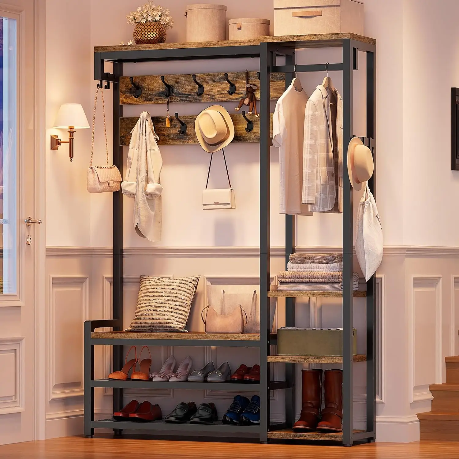 RALGEND Hall Tree with Bench and Shoe Storage, Shoe Rack with Coat Rack