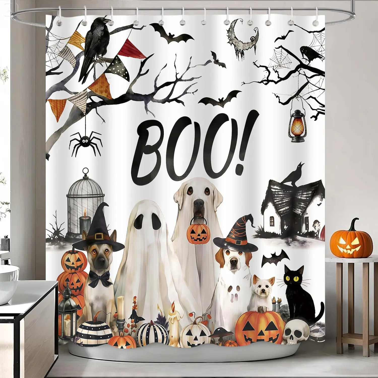 Funny Halloween Dog Shower Curtain, Cute Pets Ghost Pumpkin Bath Decor, Spooky BOO Text Art, Waterproof Polyester Fabric