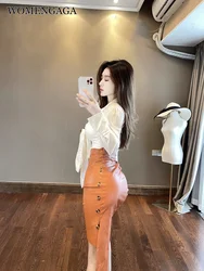 WOMENGAGA 2XL Sexy Hot Girls PU Leather Skirt Lace Up Waist Long Hips Wrapped Skirt OL Elegant Hot Sexy Korean Women Skirts IB4U