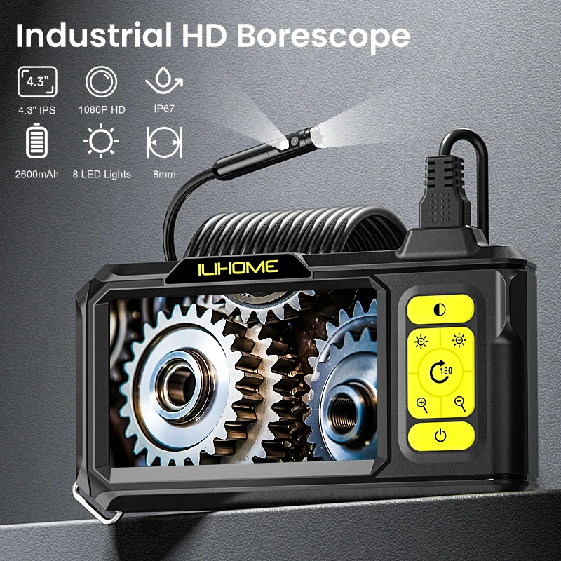 

Industrial Dual Endoscope 4.3'' IPS Screen Waterproof 8MM Probe Plumbing Camera 8LEDs Automotive Pipeline Inspection Borescope