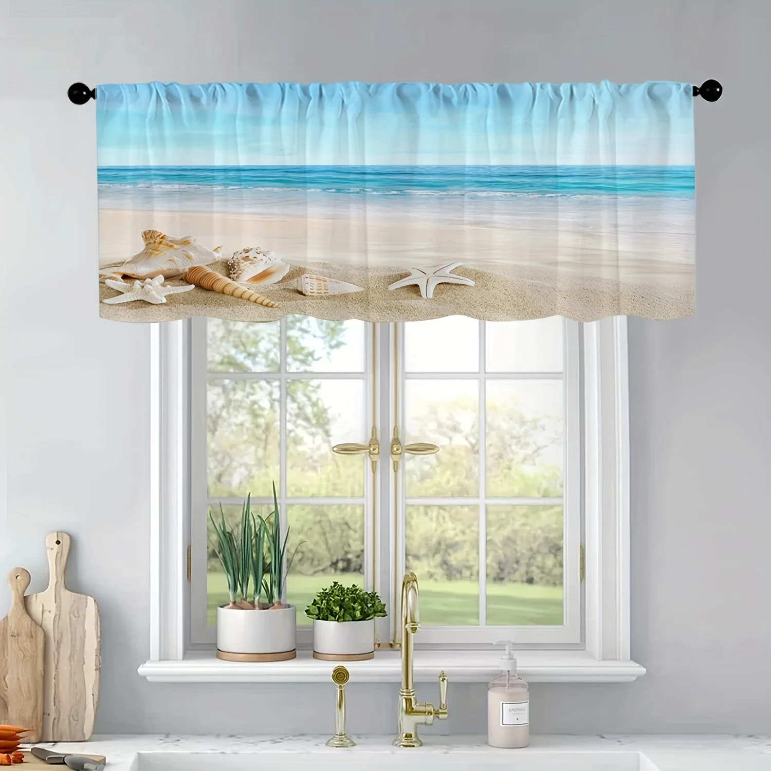 

1 шт. двусторонняя современная пляжная кухонная занавеска с принтом морской звезды и ракушки, дизайн на тему пляжа