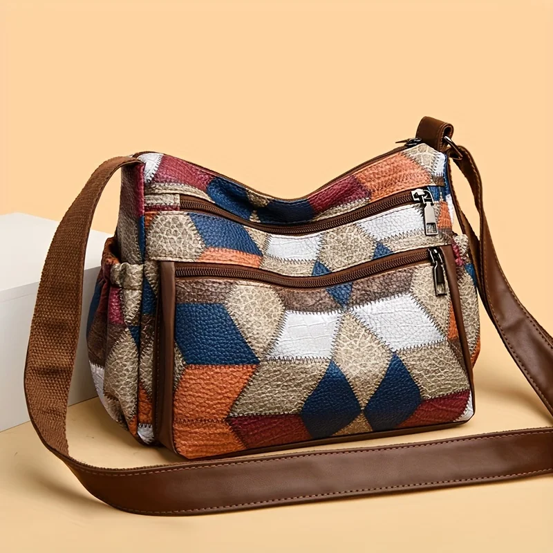 Patchwork Crossbody Bag for Women, Vintage Style, Color Block Pattern with PU , Multi-Layer Shoulder Purse for Daily Use