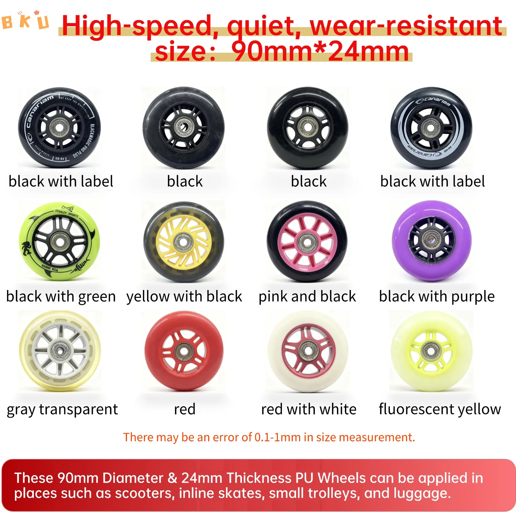 2-Pack 90mm PU Wheels with Abec-7 608 Bearings (8mm Hole) -12 Color Options for Inline Skates, Scooters, Luggage, Strollers