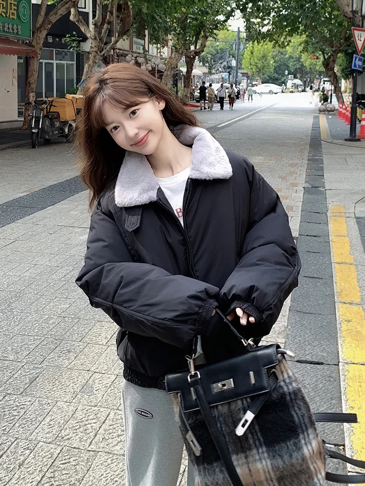 سترة شتوية دافئة بياقة قطيفة Y2K فضفاضة وسميكة منتفخة سترة قصيرة كورية حلوة مرقعة وسحاب متين معاطف قصيرة جديدة