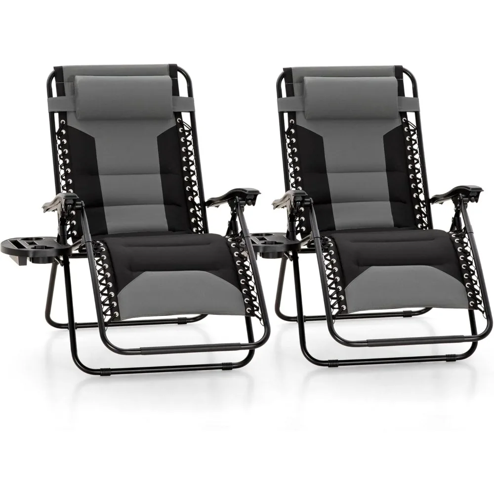 

Padded Zero Gravity Chair Set of 2, Folding Patio Lounge Recliner with Adjustable Pillows & Cup Holder for Poolside Backyard, S