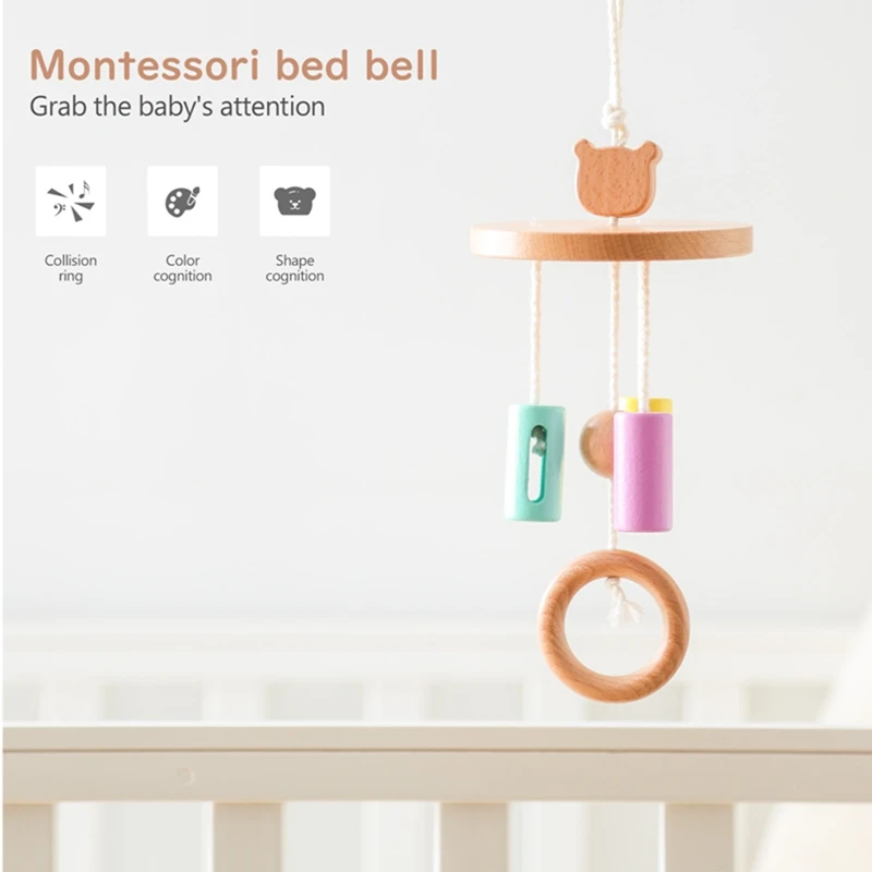 Baby Bed Bell Toy Hanging Toy Newborn Wooden Montessori Toy Color Cognition Education Music Toy Holder Bracket Bed Accessories