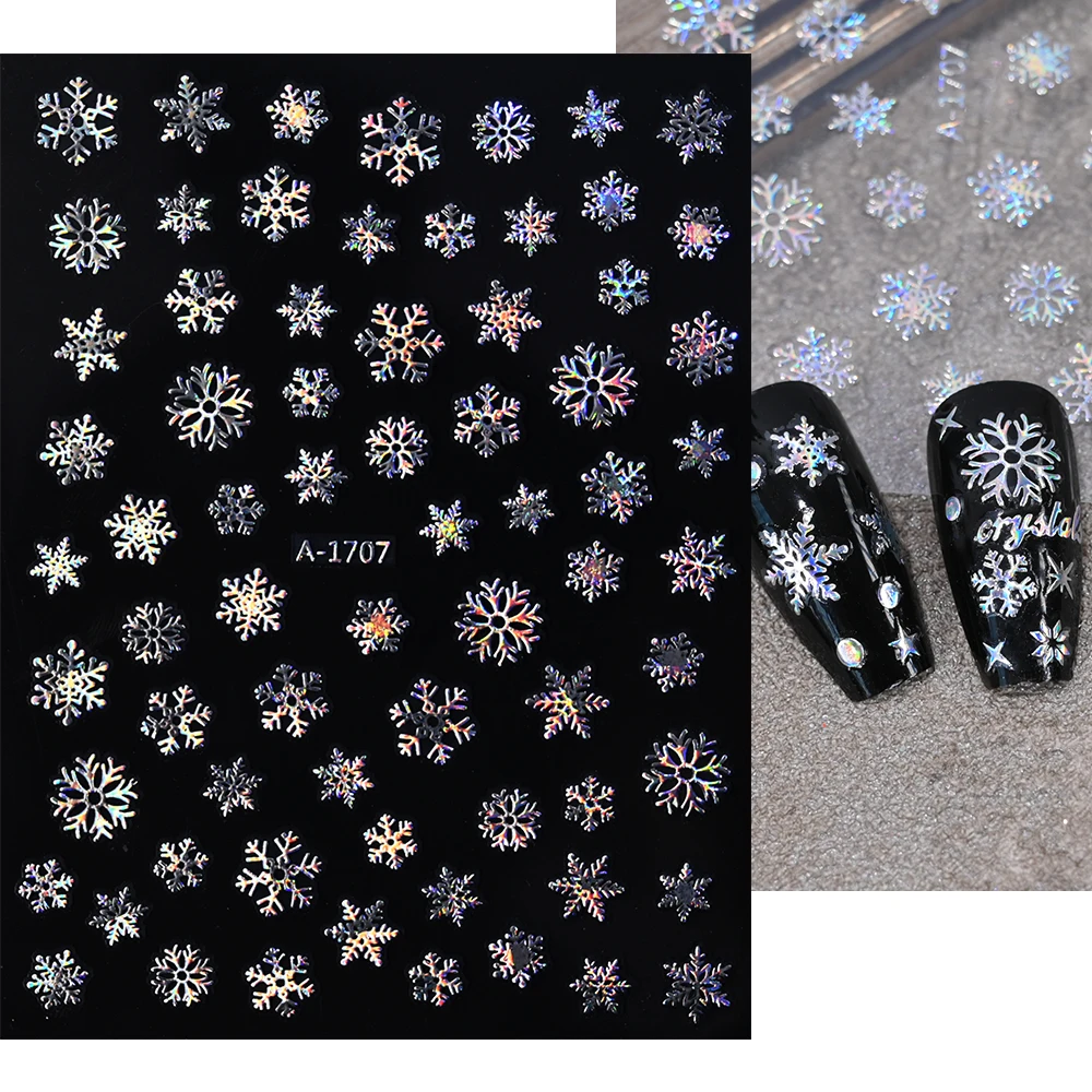 3D Laser Silver Snowflakes Nail Stickers Holographic Sparkly Mixed Snowflakes Winter Christams Nail Decals Slider Manicure Decor