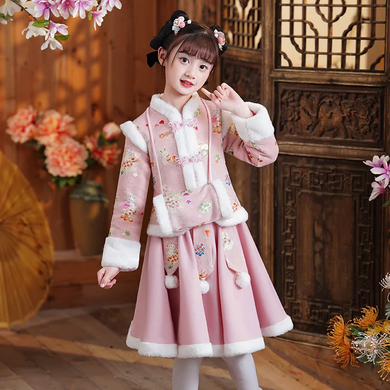 2022 Winter Embroidere Girls Dress For Chine New Year Vintage Chinese Cheongsam 2 Pieces Hanfu Set Kid Spring Festival Gift