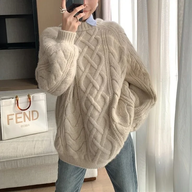 

Women Thick O-neck Cable-knit Sweater Autumn Winter Loose Casual Pullovers Solid Colors Lantern Sleeve Knitted Pullover Sweater