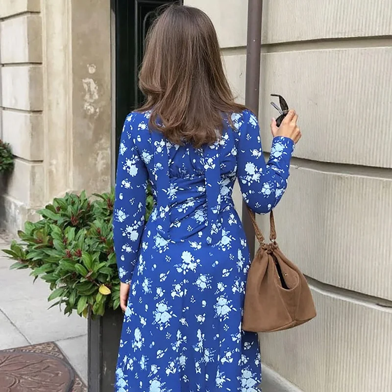 Ticketsx Autumn V-neck Printed Long Sleeve Dress Blue High Waist Slim Floral Dress Scarf Bibbon Vintage Party Clubwear Female