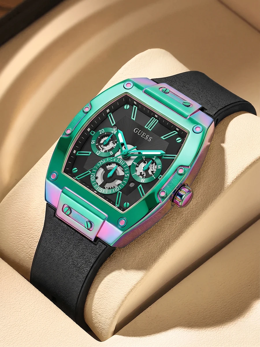 Reloj Deportivo para Hombre GUESS GW0202G5 Phoenix, Caja Iridiscente, Esfera Esqueletizada, Multifunción, Correa de Silicona, Resistente al Agua