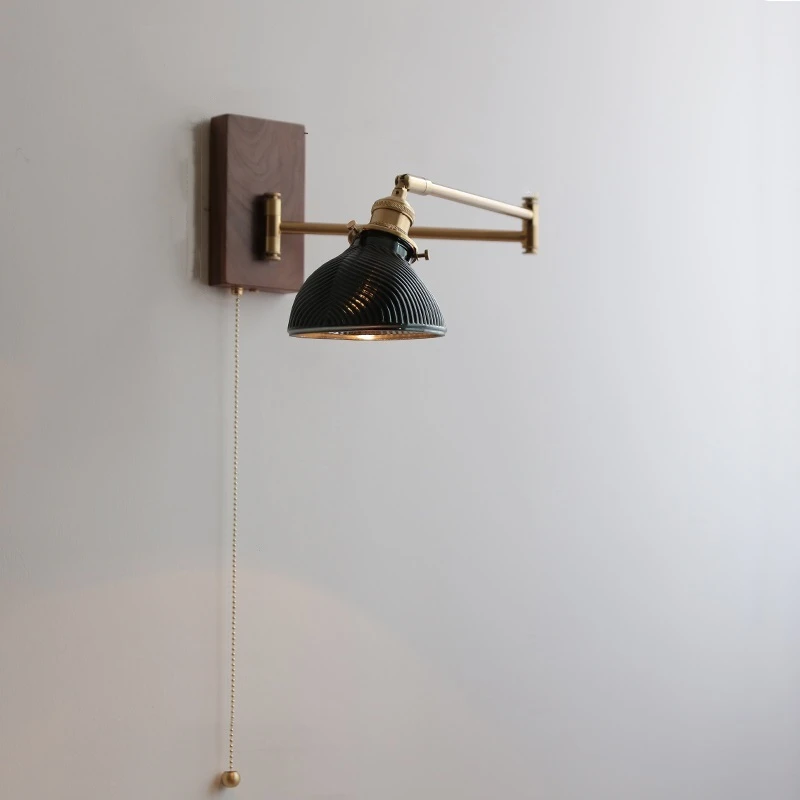 

IWHD Pull Chain Switch LED Wall Light Sconce Fixtures Copper Arm Left Right Rotate Lampshade Up Down Green Glass Beside Lamp