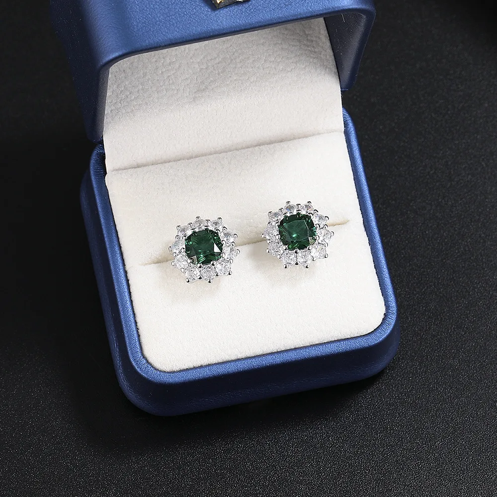 Square Genuine Natural Green Simulated Nano Emerald 925 Sterling Silver Flower Stud Earring for Women Fashion Gemstone Jewelry