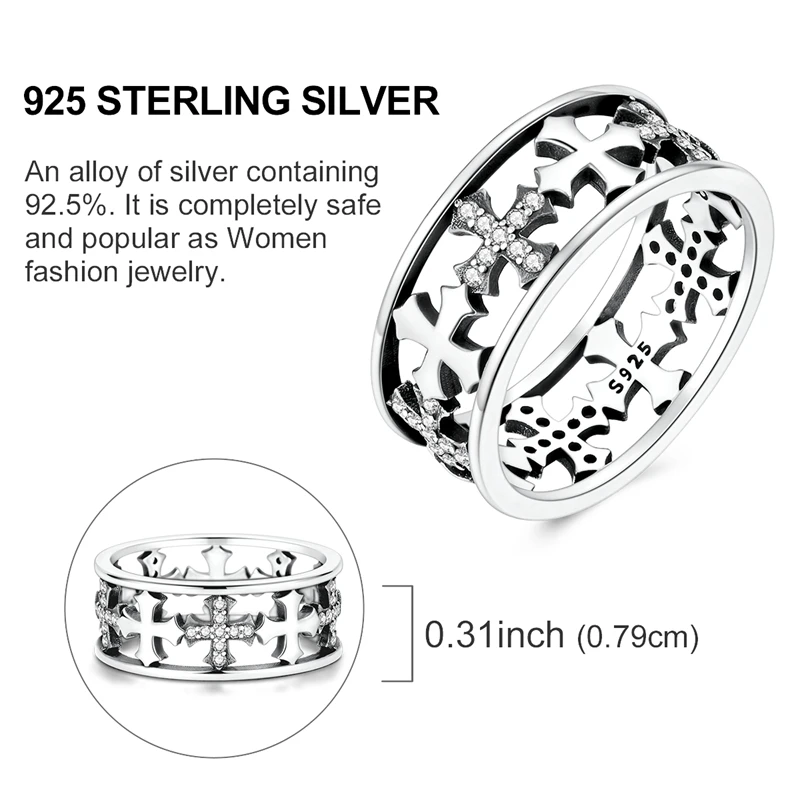 S925 Sterling Silver Double Layer Hollow Cross Band Ring Cubic Zirconia Paved Vintage Gothic Statement Ring Jewelry Gift for Men