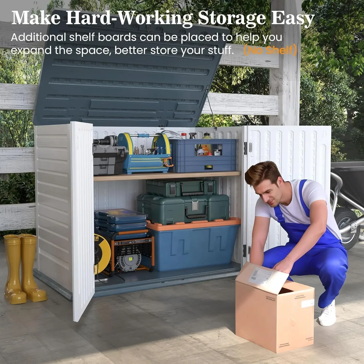 [무료 배송! 야외용 수납장 35큐빅피트, 레진 수평형 야외 쓰레기통 보관함 잠금 가능 창고 4 x 2피트 (쓰레기통용)