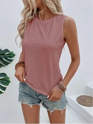 High-end, fashionable and versatile, new style, European and American popular women's eyelet embroidered fabric round neck sleeveless vest T-shirt
