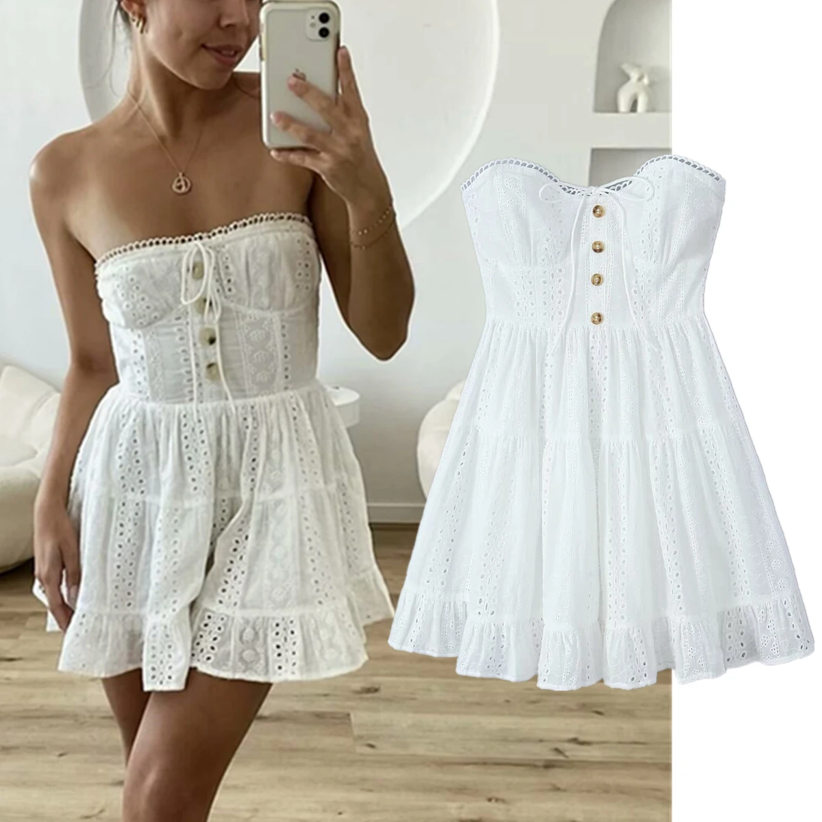 

Withered Sexy Lace Wrap Chest Slim Fit Dress French Fashion Mini Dress Women Blogger Off Shouder White Summer