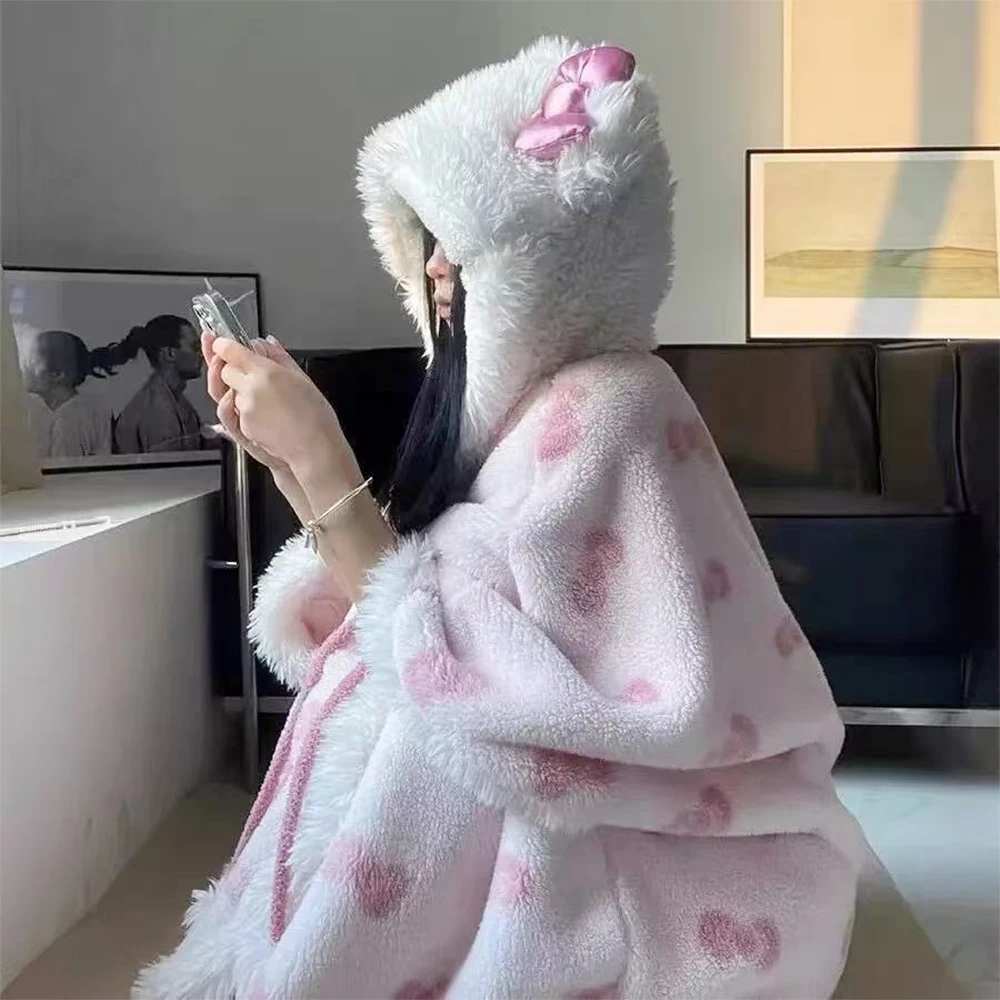 

Sanrioed аниме «Hello Kitty», женские плюшевые пижамы, комплект халатов, мультяшная кавайная домашняя одежда, зимняя длинная стильная утолщенная милая ночная рубашка для девочек