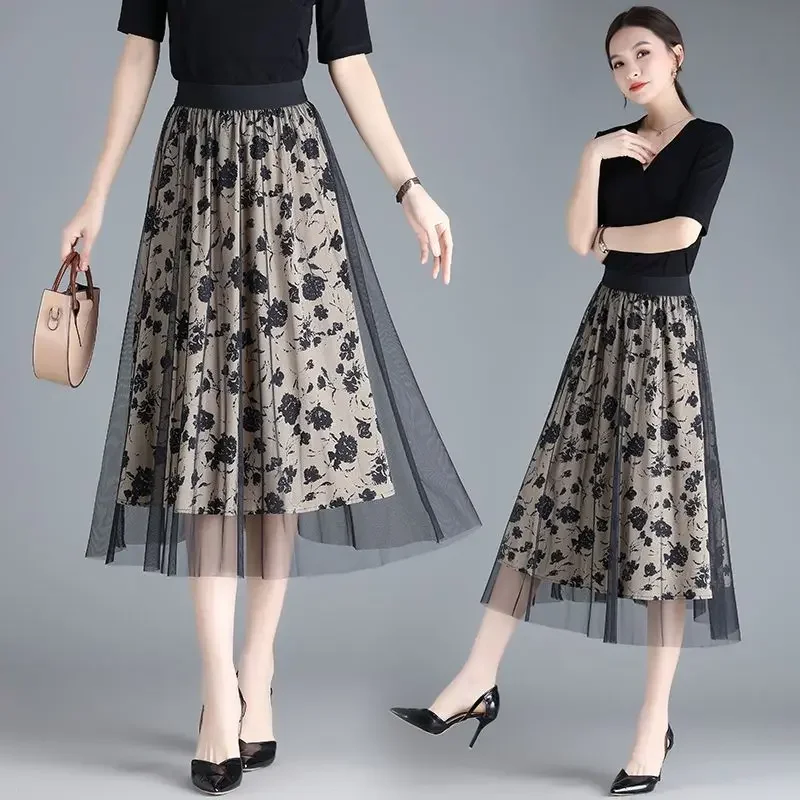 

Mesh Midi Skirt for Women in Summer, Elastic Waist, Mid Length, A-line Skirt, Printed Large Umbrella Versatile Skirt