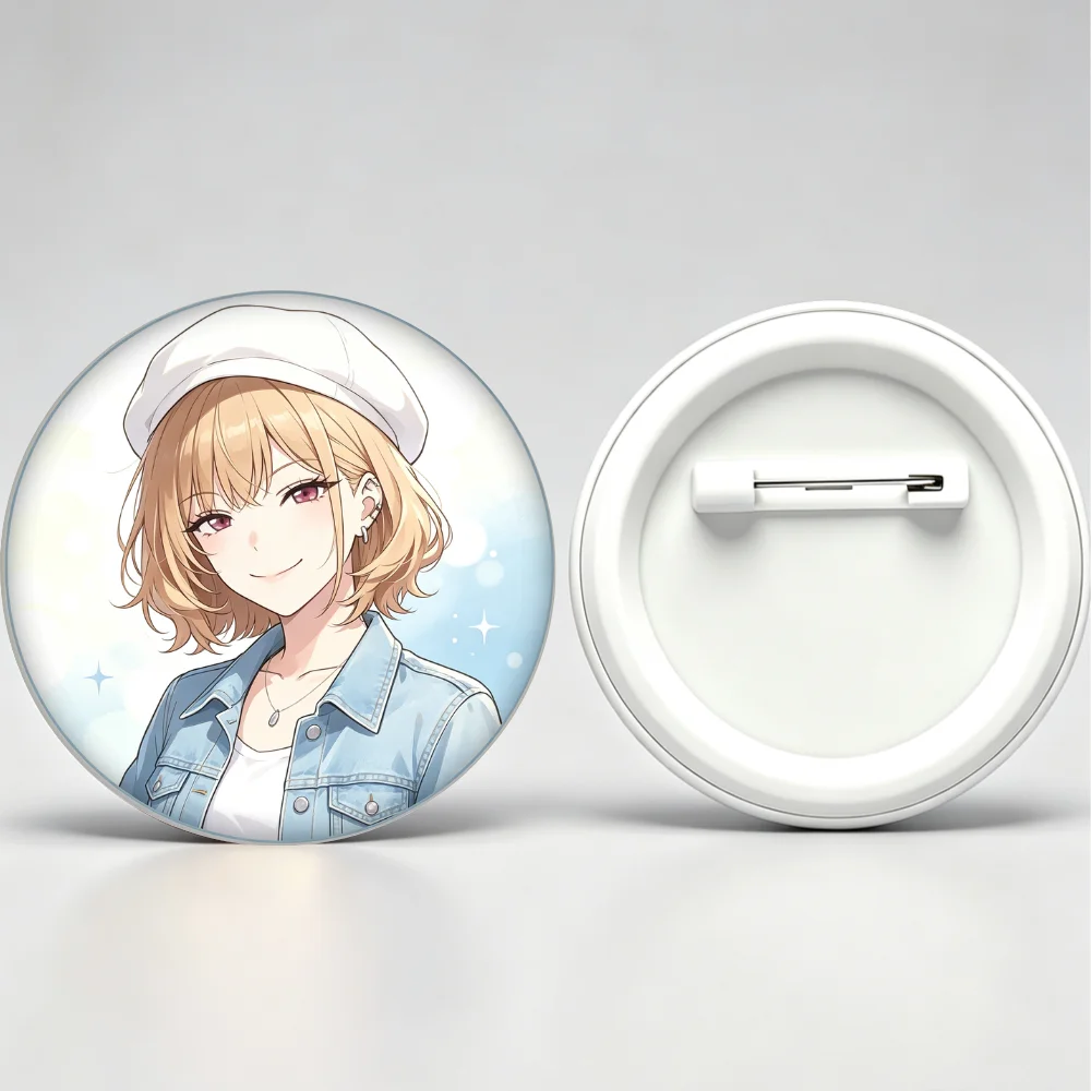Cute Anime Girl Brooch Pin 32/44/58mm Tinplate Badge, Beret & Denim Jacket Character Lapel Pin for Backpack Decor