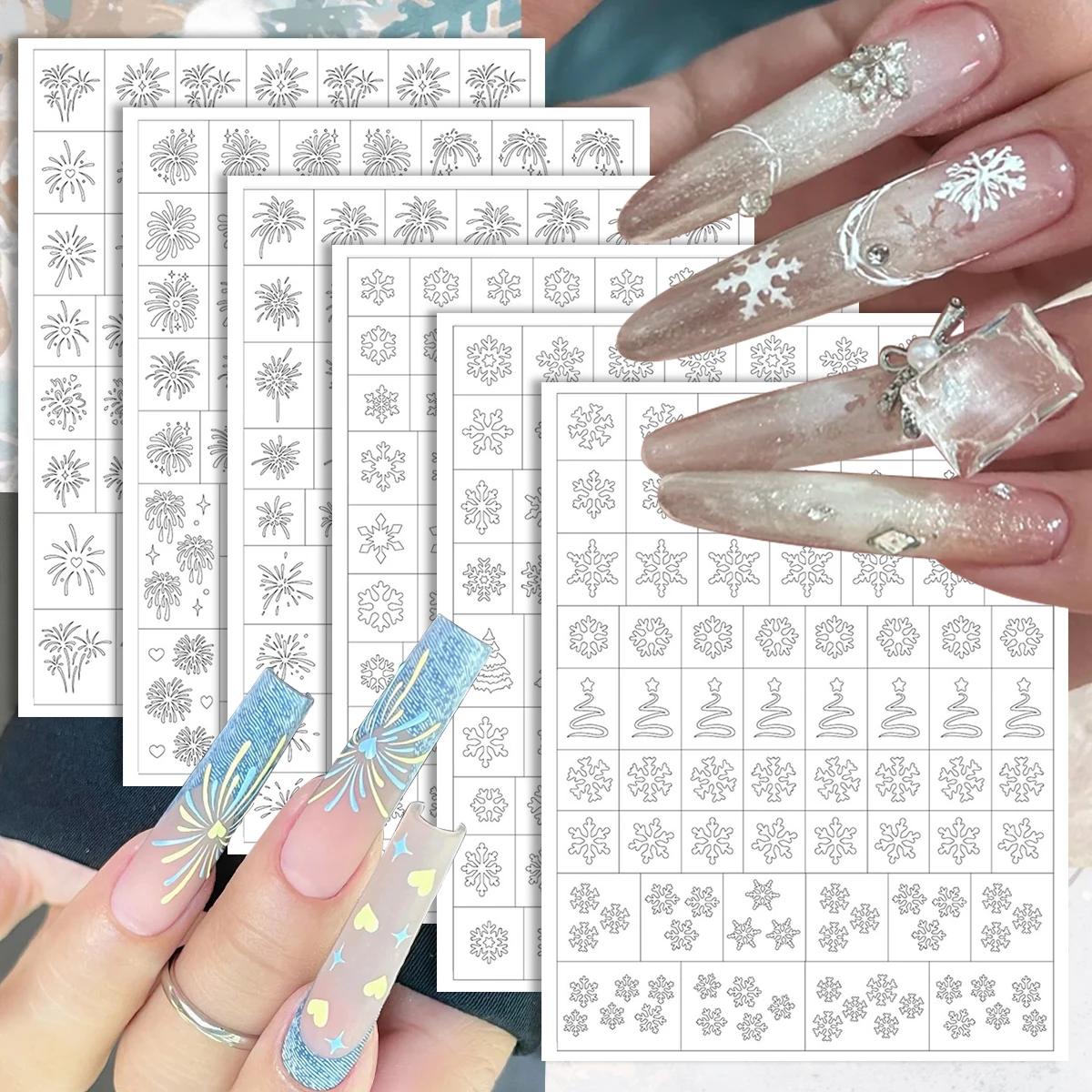 3/6/12 Sheets Christmas Snowflake Nail Art Stickers, Silver Outline Nail Decals Firework Star Tree Design for Winter DIY Nails