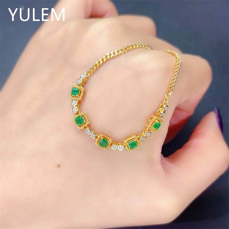 YULEM New Arrival Natural Sqaure Cut Emerald 3x3mm with Silver 925 Bracelet for Women Daily Wear