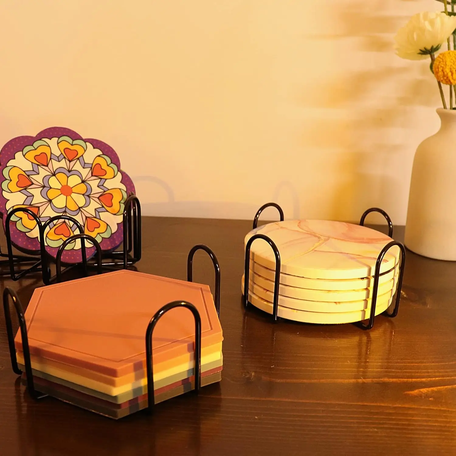 4pcs coaster, coffee cup cushion square or round cup cushion decorated with metal brackets for home wrought iron shelves