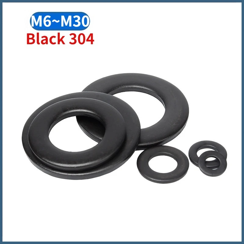 Beicai M6 M8 M10 M12 M14 M16 M18 M20 M22 M24 M27 M30 Thickness 0.5mm~4mm Black SUS304 Stainless Steel Flat Washer Plain Gasket