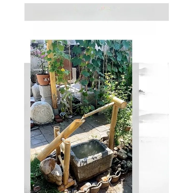 Japanese Style Stone Trough Water Feature, Bamboo Shaking Head Bowl Fountain with Deer Rockery & Bird Repellent for Courtyard