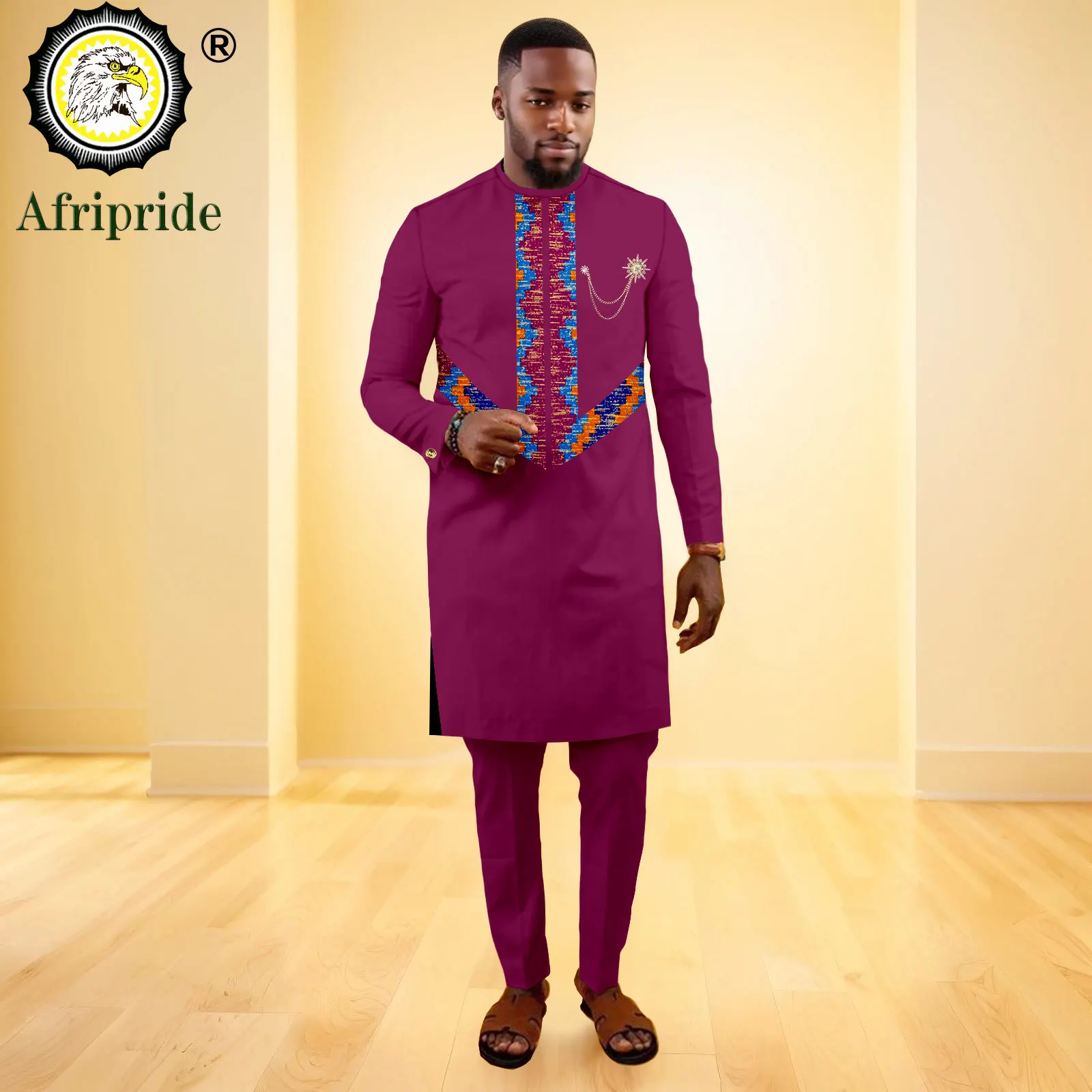 African Clothes for Men O-neck Embroidery Brooch Long Robes and Pants 2 Piece Set Dashiki Tracksuit Print Outfits 2516044
