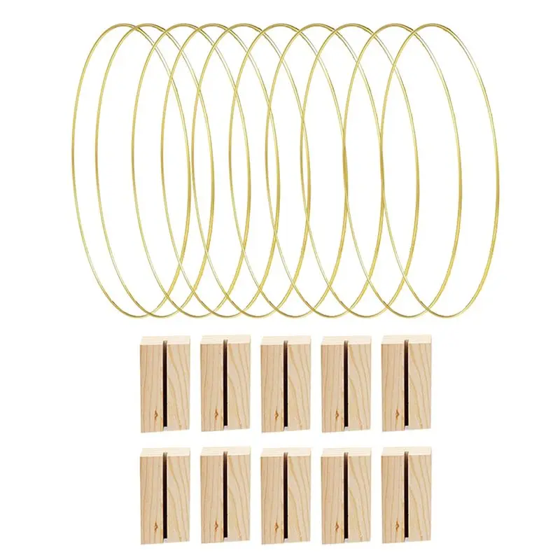 

ABXF-10 шт. 13,8-дюймовые металлические кольца-основы для венков, золотые, для домашнего декора стола, с 10 деревянными держателями для карточек